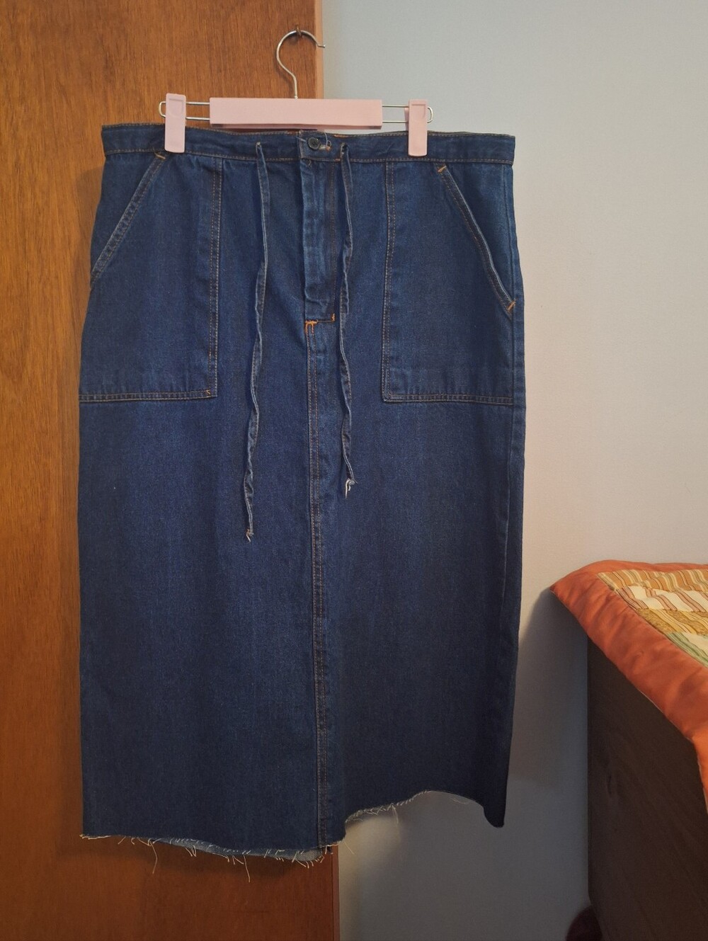 Check Me First Dark Blue Denim Midi Skirt with Front Pockets Raw Hem Size 14W